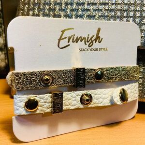 ERIMISH LEATHER BRACELETS ❤️ TWO SNAP CUFFS  GOLD METALLIC/ WHITE  - NEW